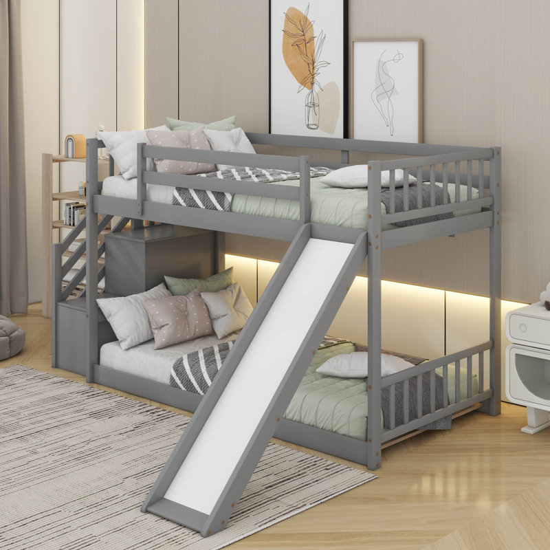 Lit superposé avec glissière convertible et escalier, Gris