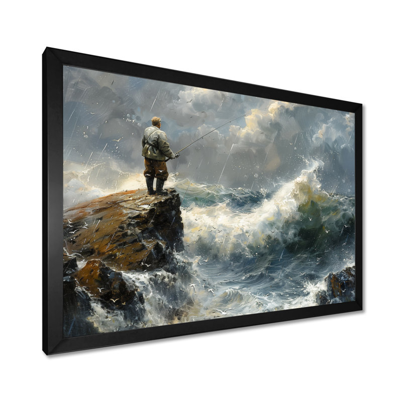 Cliffside Ocean Fishing - Chasse et pêche, art mural, Toile encadrée noire simple, H 16 po x l 32 po x P 1 po