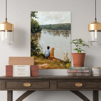 Canvas Wall Art Boy And Dog By Lake Poster Vintage Poster Print Home Decor