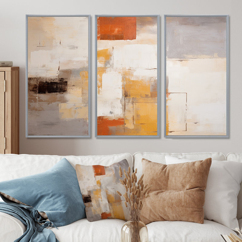 Serenity déconstruit cubiste orange - ensemble d'art mural abstrait, H 40 po x l 60 po x P 1 po, Encadrement argenté