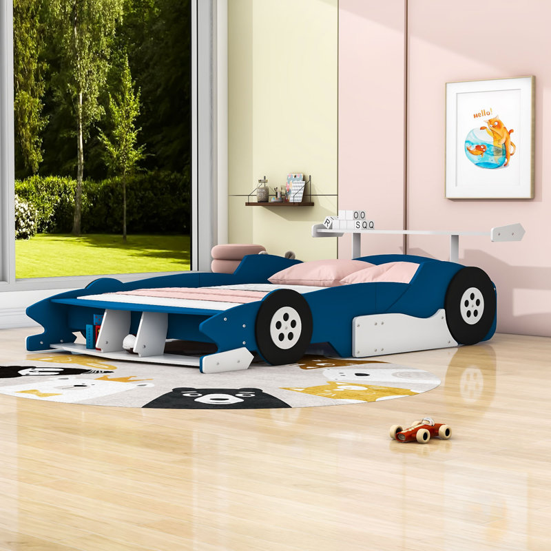 Lit plateforme avec tablettes Race, Bleu, Complète