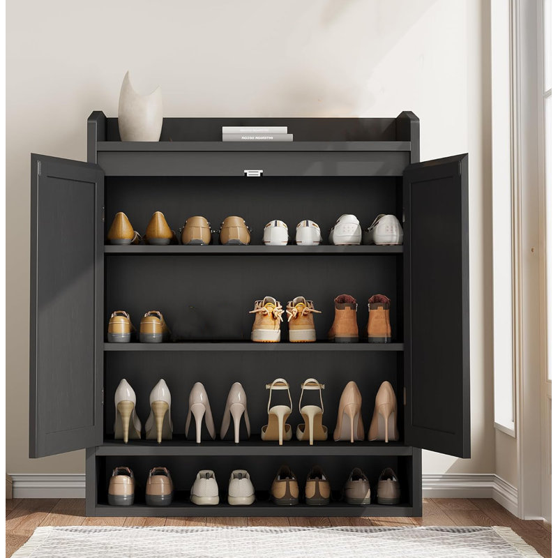 Rattan Shoe Cabinet With 2 Doors, 5-tier Shoe Storage Cabinet With Adjustable Shelves