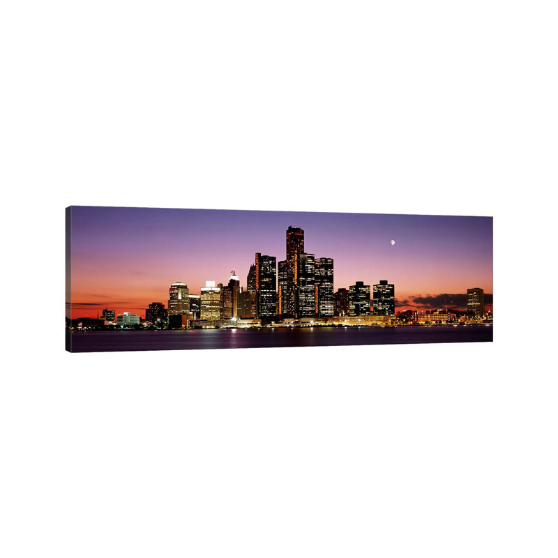 Night Skyline Detroit Mi by Panoramic Images - Wrapped Canvas Panoramic Painting, 30.48 cm H x 91.44 cm W x 3.175 cm D
