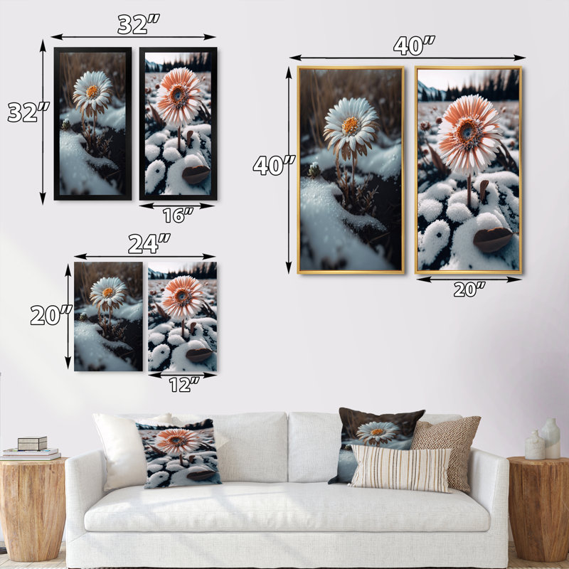 «A Daisy Flower Blooming Winter», 2 pièces sur toile, H 32 po x l 32 po, Encadrement doré