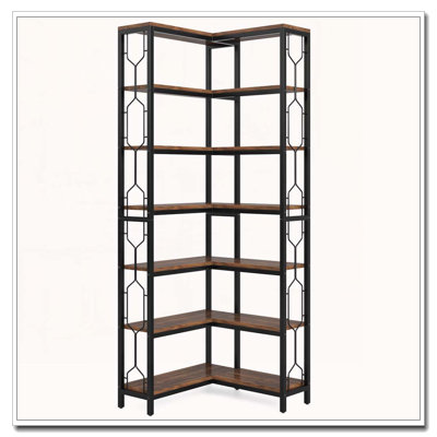 78.74" Tall 7-Tier Industrial Corner Bookshelf Tall Wood Metal Etagere Display Shelf For Home Office