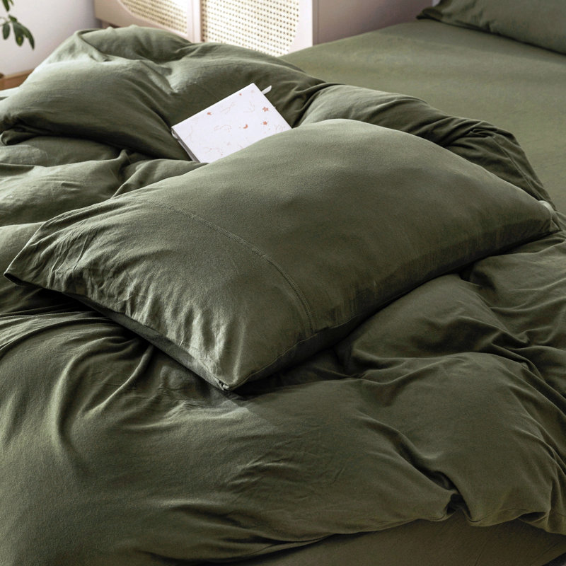 Ensemble de housse de couette en coton jersey, Housse de couette simple + 1 taie décorative stan, Vert olive