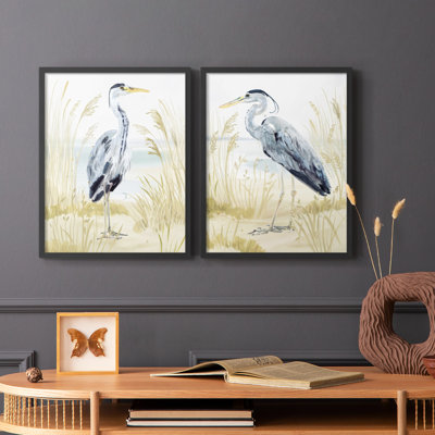 «Heron on the Coast I», reproduction encadrée de qualité supérieure - prête à être accrochée - aucun clou requis - aucun clou requis