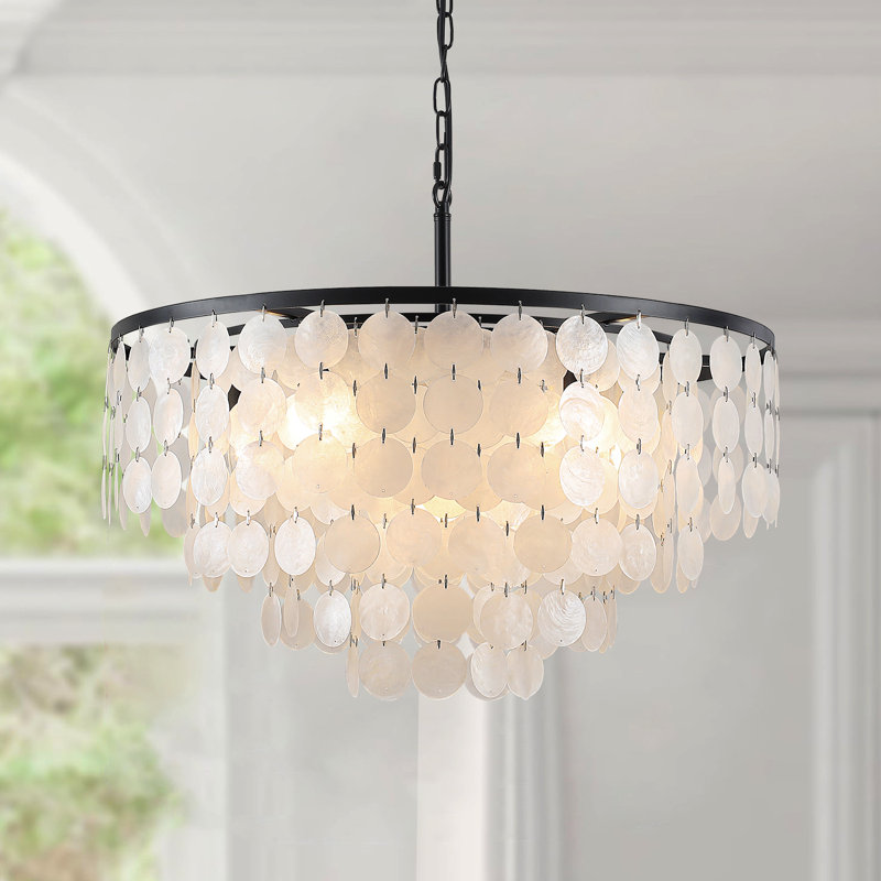 Lustre moderne à niveaux variable en forme de coquillage noir à 6 lumières Capiz, Noir, H 14,96 po x l 24,21 po x P 24,21 po