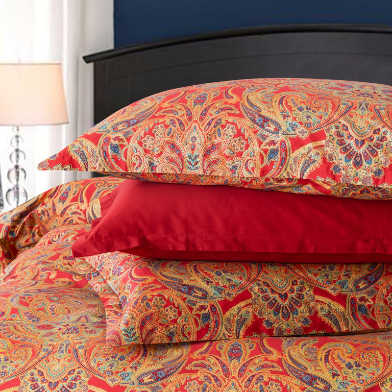 Red and Gold Paisley Duvet Cover Set - King Size, King Duvet Cover + 2 King Shams