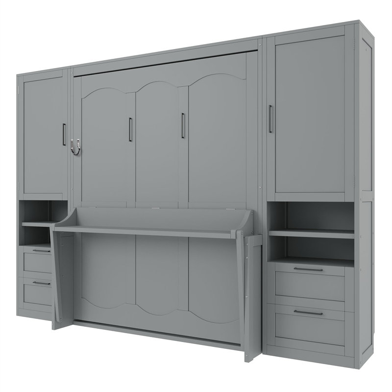  Lit escamotable, lit escamotable avec garde-robe et bureau, bois, tiroirs et étagères de rangement, moderne et contemporain, pièce multifonctionnelle