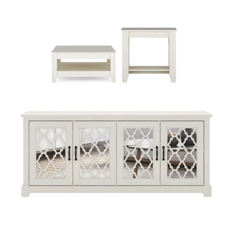 Weddel Basilico Transitional Living Room Media Furniture 3 Piece Set, Ivory, Ivory