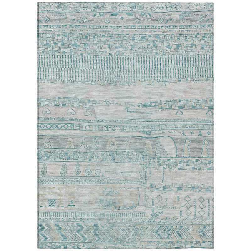 Machine Washable Indoor/Outdoor Xhevrie Teal Rug, Rectangle 9' x 12'