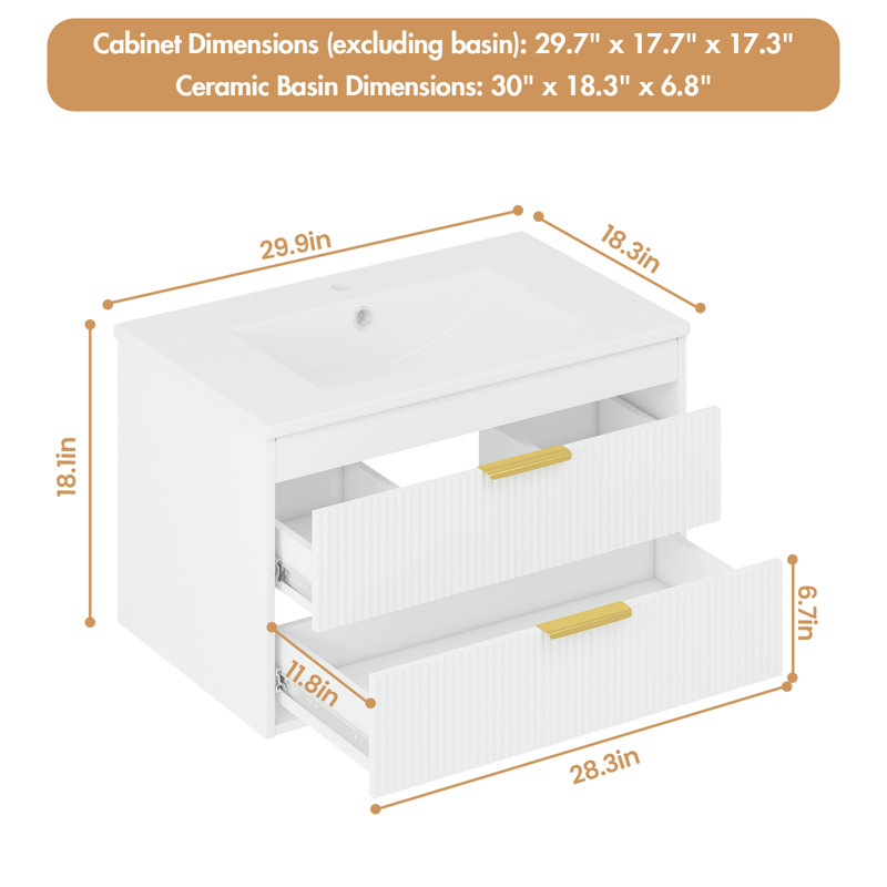Ensemble de meuble-lavabo mural simple 30 po avec lavabo en céramique Bathilde, Blanc
