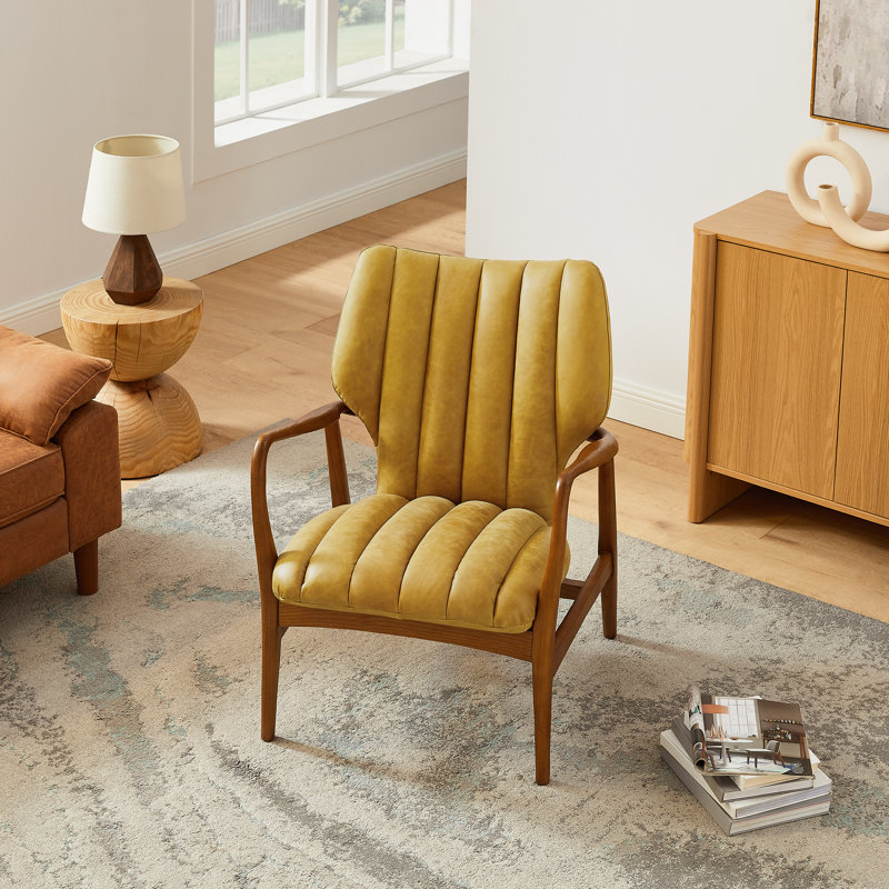 Mid-Century Modern Full-Grain Leather Solid Ash Chair, Yellow