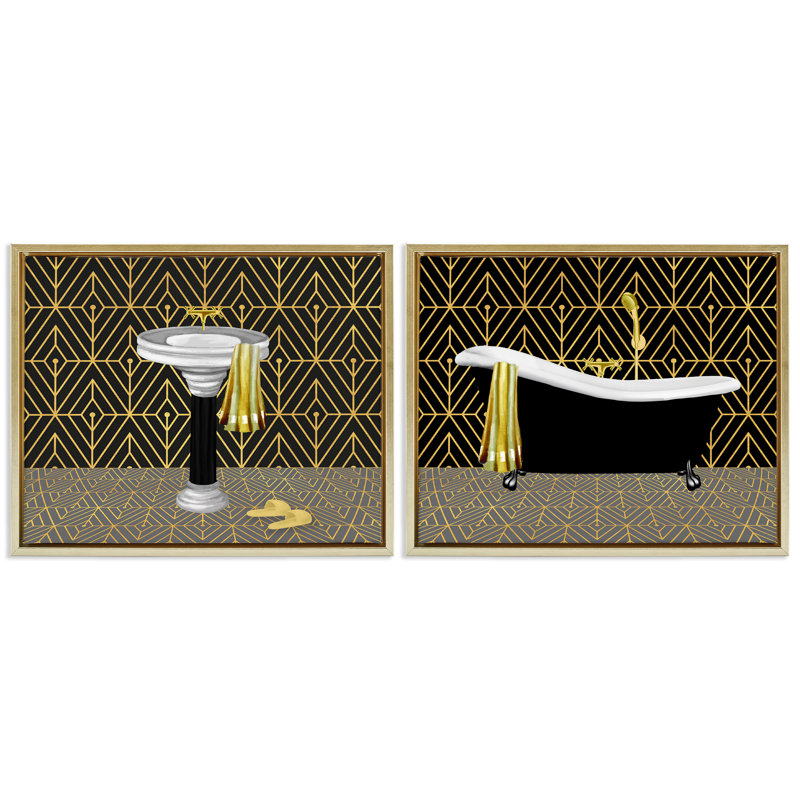Ensemble de 2 cadres géométriques à motifs géométriques, Conrad Knutsen, H 25 po x l 31 po, Cadre flottant métallique doré