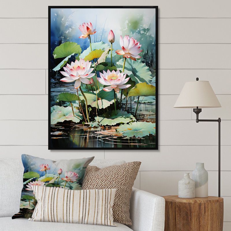 «Geryon China Art Lotus Pond II», reproduction, H 32 po x l 16 po x P 1 po, Cadre flottant noir