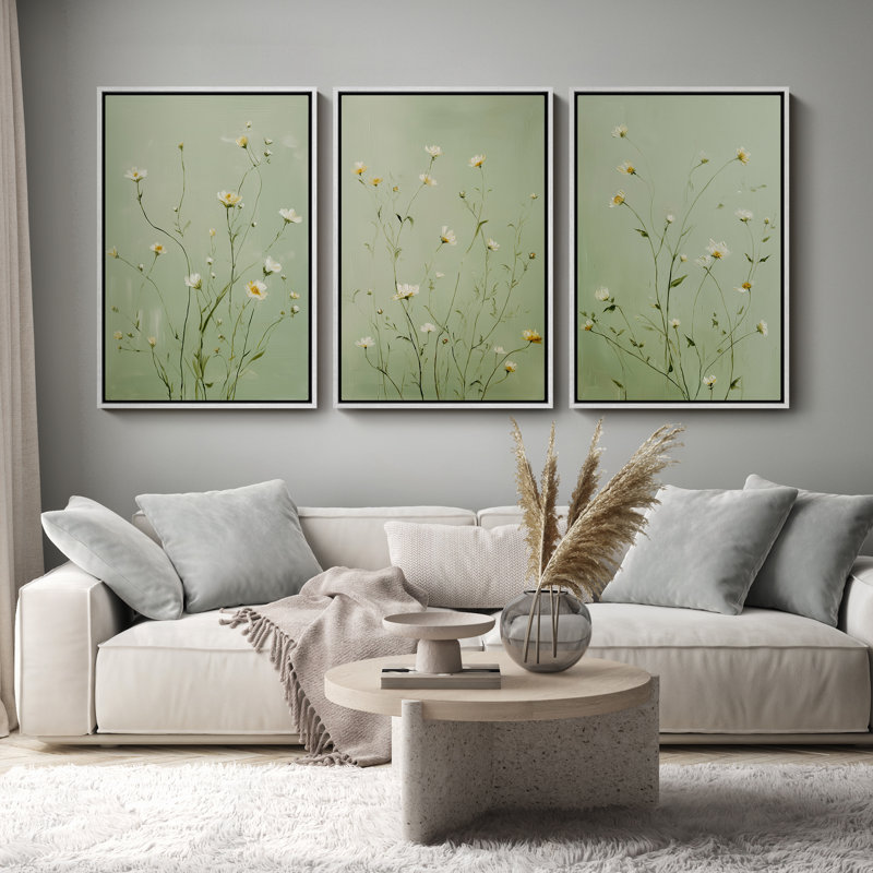 Impression murale délicate, fleurs sauvages blanches sur fond vert doux, botanique, 3 pièces, H 24 po x l 16 po, Blanc
