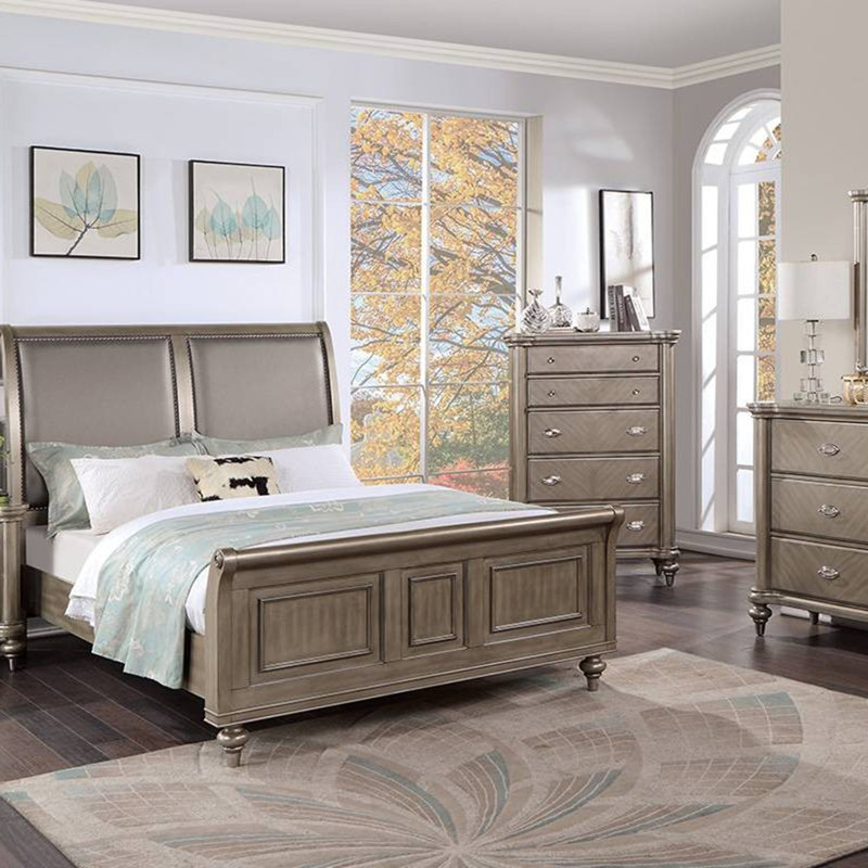 Mobilier de chambre à coucher à tête de lit à deux panneaux de style moderne et luxueux avec finition argentée antique