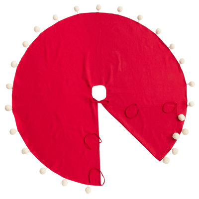 Holiday Pom Pom Design Cotton Christmas Tree Skirt 53" Round, Red