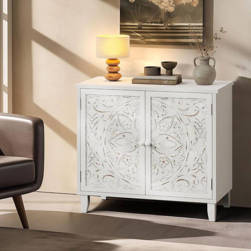 Ophelia & Co. Accent Cabinet with 2 Carved Glass Doors and Wooden Frame ...
