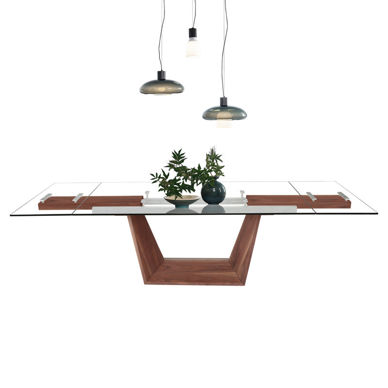 Extendable Glass Top Walnut Veneer Dining Table for Ten