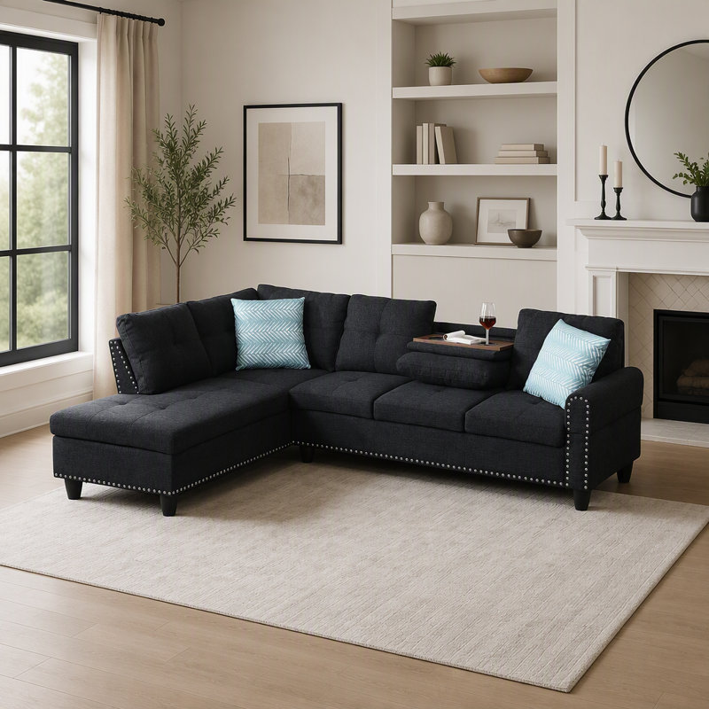 Canapé d'angle 2 pièces orné de rivets, idéal pour les soirées cinéma, avec porte-gobelets escamotables et pouf de rangement