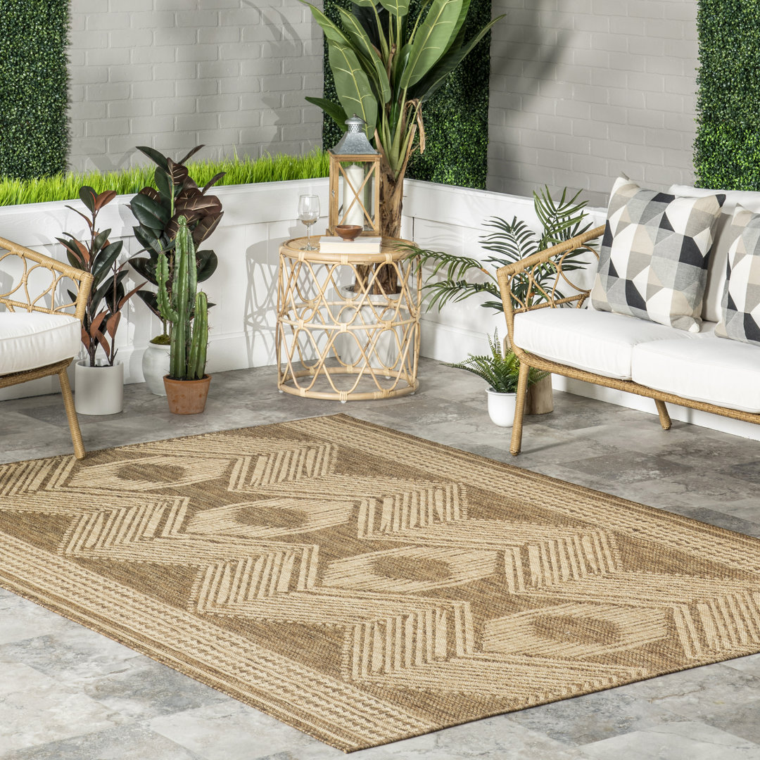 Geometric Indoor/Outdoor Rug for Living Room Patio Deck Front Porch Entryway Hallway Kitchen, Light Brown/Ivory Langley Street® Rug 