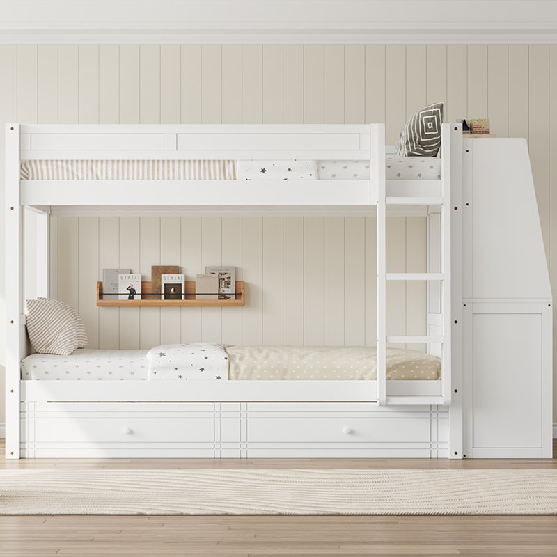 Lit superposé double avec bureau, bibliothèques et tiroirs - Lit pour enfant multifonctionnel peu encombrant, blanc, Blanc