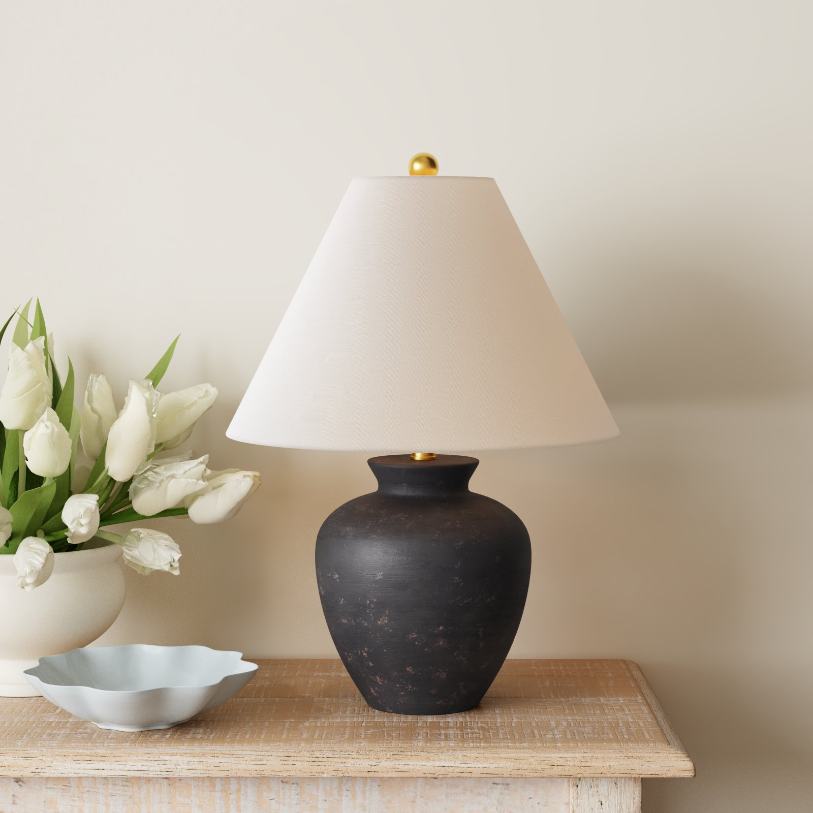 Calico Table Lamp, Black Finish / White Shade