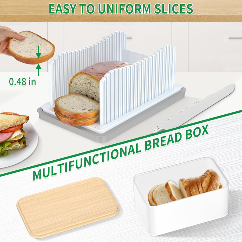 Bread Slicer For Homemade Bread With Bread Box, Foldable Bread Cutter With Crumb Tray, Adjustable Width Bread Slicing Guide For Loafs, Sandwiches, Bagels, And Cakes