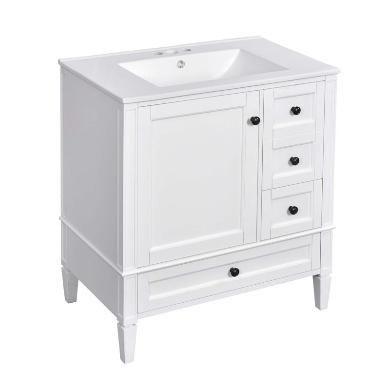 Meuble-lavabo moderne avec lavabo en céramique et plusieurs options de rangement, Blanc