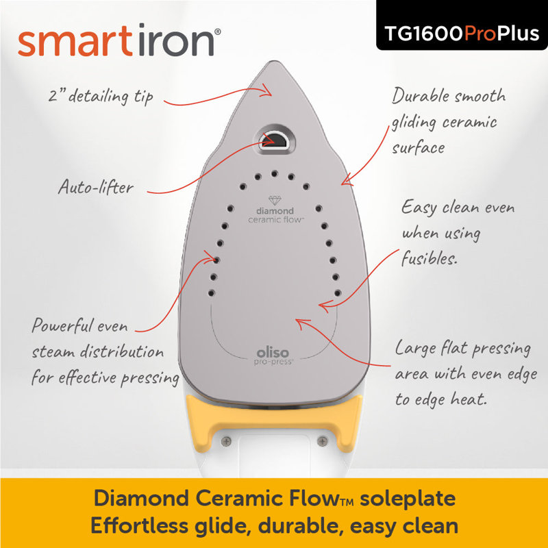 Oliso 1800 Watt Non Stick Soleplate Iron, Yellow
