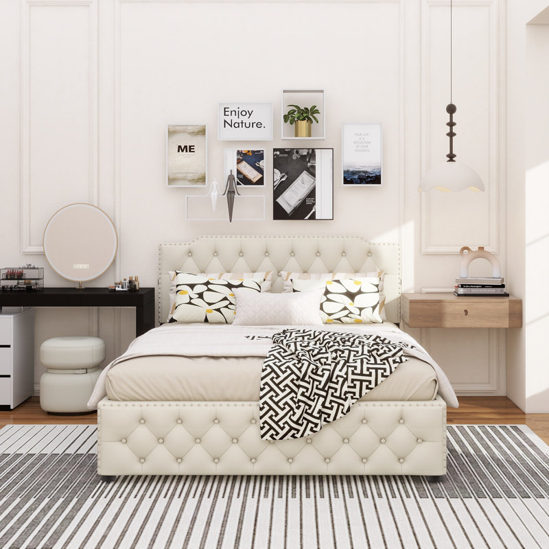 Grand lit plateforme tapissier avec lit gigogne simple et 2 ensembles de ports USB de chaque côté, tissu en lin, Beige
