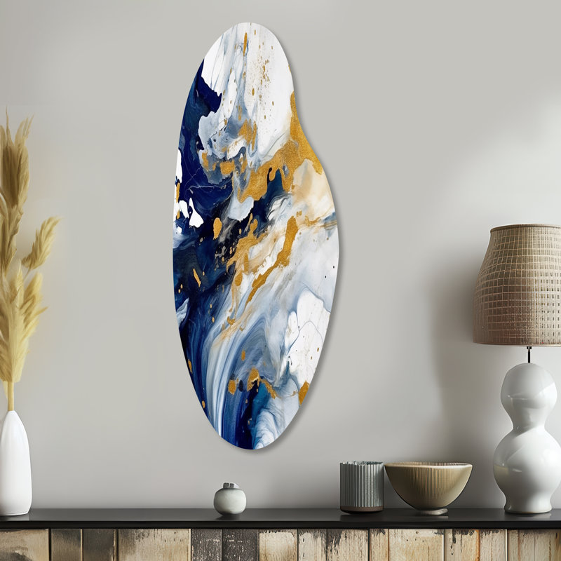 Dark Blue and Gold Strokes XXIII - Fractals Curved Metal Wall Decor, Modern Asymmetrical Metal Art Print