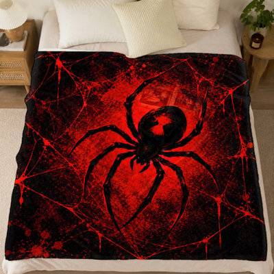 Couverture en flanelle imprimée araignée veuve noire (1 pièce) - Motif en toile d'araignée effrayante ; chaude, confortable et douce. Parfait pour la décoration d'Halloween. Parfait pour le salon et la chambre. Un cadeau idéal. Utilisation extérieure. Confort optimal. Convient à la literie et au canapé.