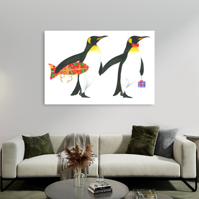 Penguin Presents Whimsical Contemporary Bird Fish Penguin Wildlife Winter Wall Art Print 1 Piece Wrapped Canvas Wall Art