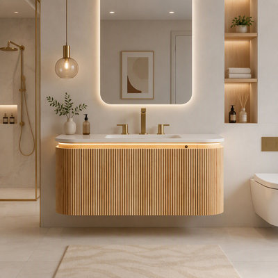 Meuble-lavabo flottant avec lavabo intégré chaud, éclairage à DEL activé par capteur, armoire à grain de bois rayé, tiroir à fermeture en douceur et surface en pierre frittée pré-assemblée.