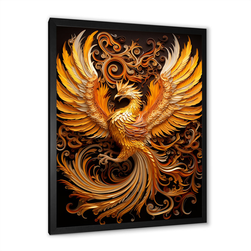 Mythical Creature Golden Griffin Pheonix sur toile, H 44 po x l 34 po x P 1,5 po, Cadre simple noir