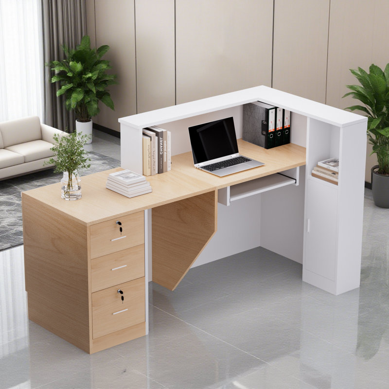 L-Shaped Reception Desk with Lockable Drawers and Storage Shelves, Multi-Functional Computer Desk for Office