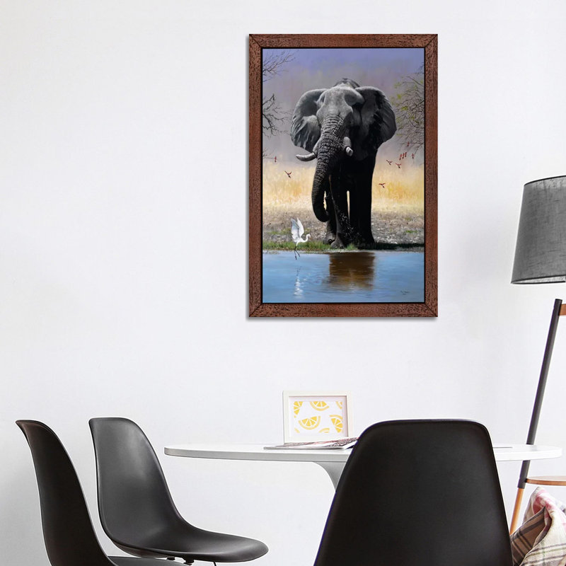 Elephant, Egret & Carmines by Pip McGarry - Print on Canvas, 101.6 cm H x 66.04 cm W, Brown Framed