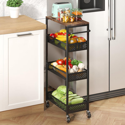 Slim Storage Cart 4 Tier Fruit And Vegetable Baskets For Kitchen Small Space, Narrow Rolling Cart On Wheels With Wooden Top And Metal Handle