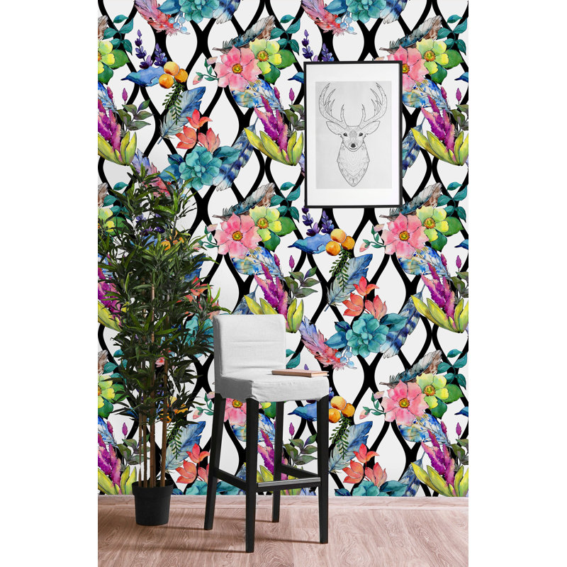 Murale peinte à motif floral géométrique, l 25 po x H 50 po