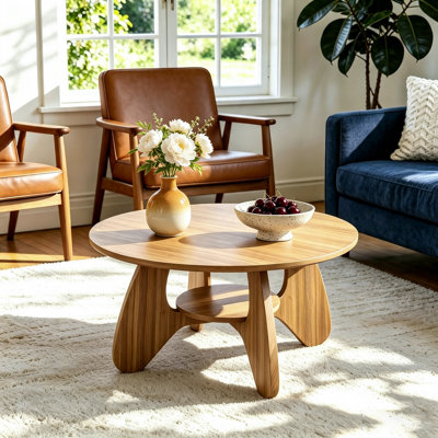 31.5" Circle Coffee Table for Living Room, 2-Tier Wood Accent Center Table with Open Storage