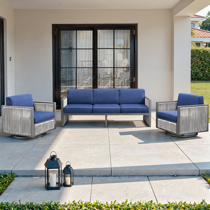Ensemble de patio d'extérieur en osier avec coussins 3 pièces Trinie, Bleu