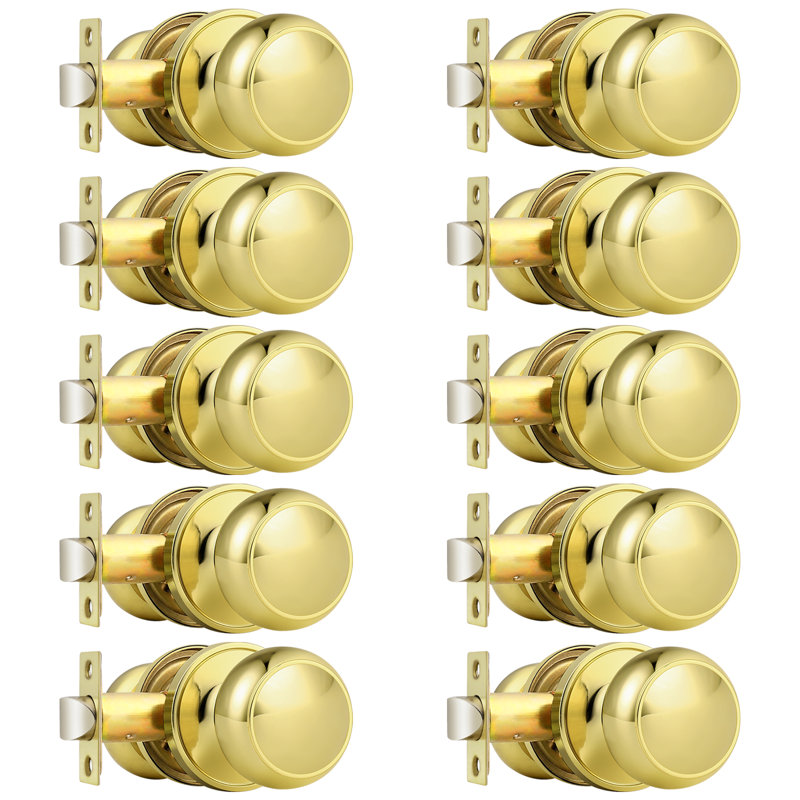 Passage Door Knobs with Round Rosette, Polished Brass