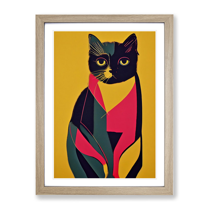 Colourful Cat No.4 Abstract - Wall Art, 48cm H x 36cm W, Oak Framed, White