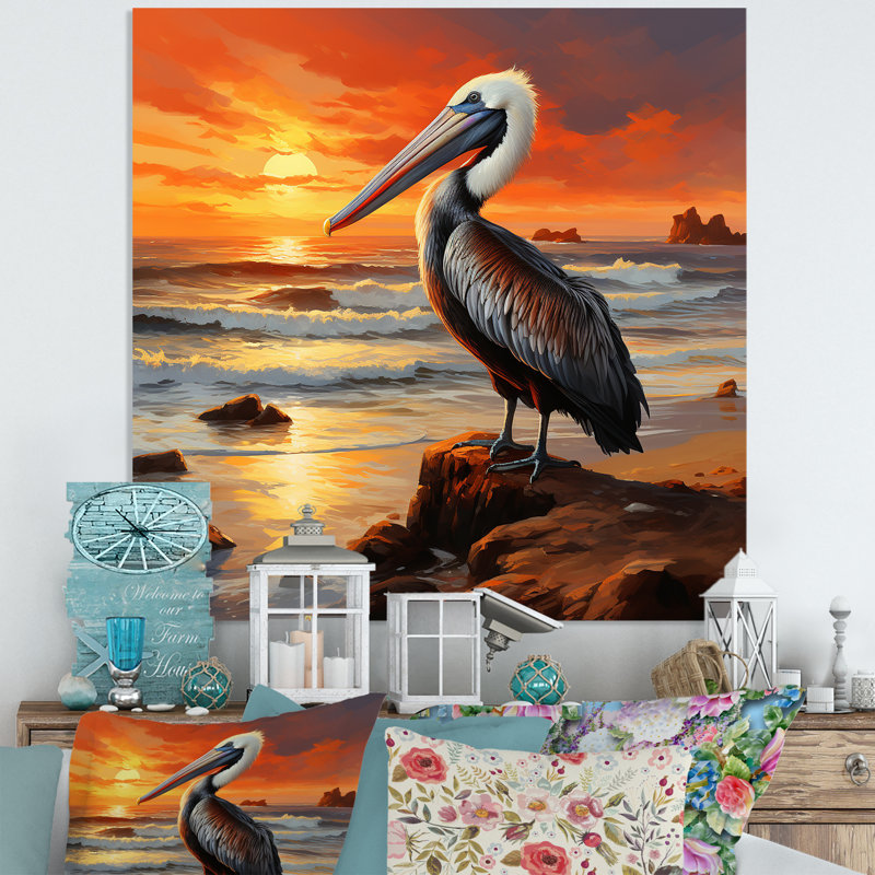 Coucher de soleil sur le rivage, Pelican Harmony I - art mural pélican en métal, H 16 po x l 16 po