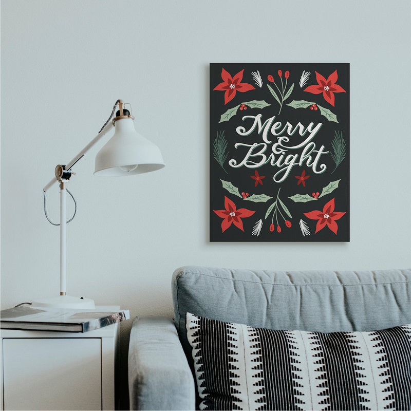 «Merry and Bright Festive Christmas Text Poinsettia» par Amanda Houston - impression d'art graphique, Toile tendue