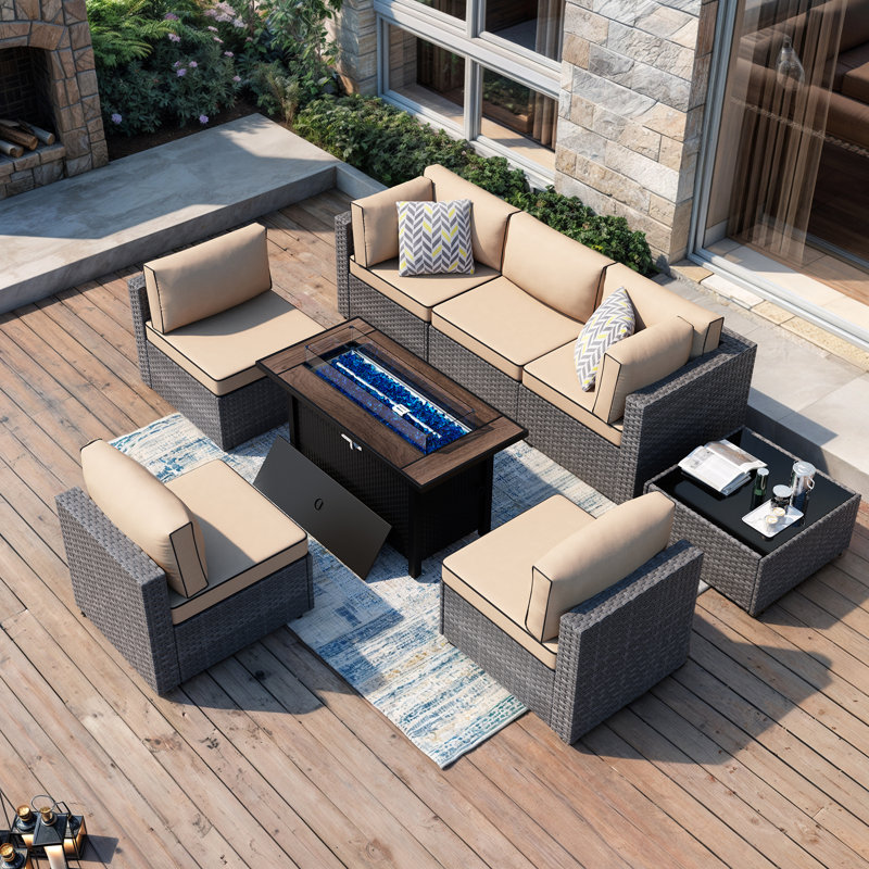  Emanie 6 - Person Outdoor Rattan Patio Set with Fire Pit Table, Silver, Khaki