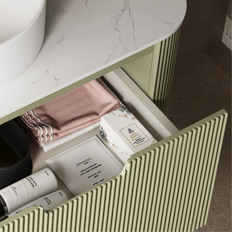 Armoire murale 36 po, comptoir en marbre artificiel blanc, tiroir, rayure de style français 3D, poignée rainurée, contreplaqué, armoire à fermeture en douceur avec tiroir et robinet sans vasque, contreplaqué